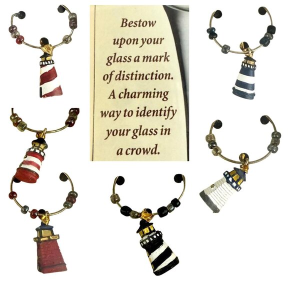 Vintage Boston Warehouse Lighthouse Wine Markers Set Of 6 Glass Charms Coastal - Picture 2 of 8